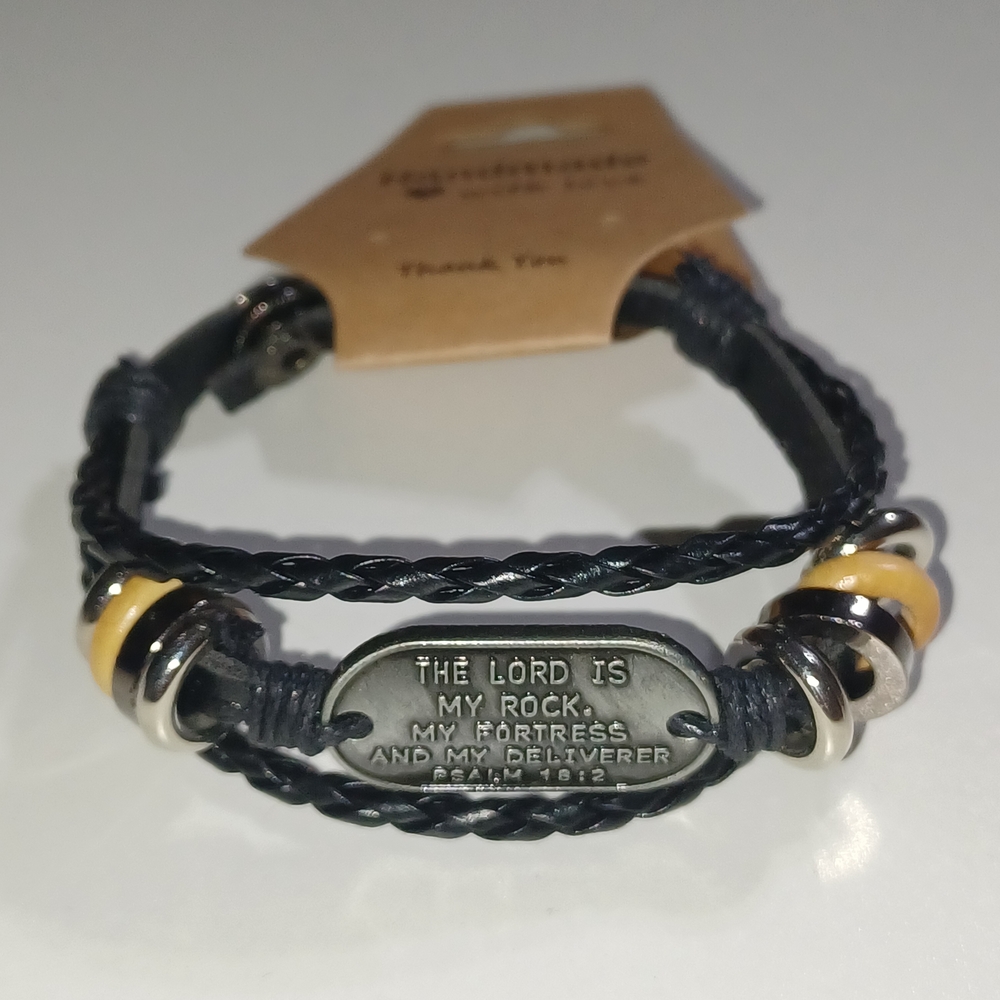 Inspirational Unisex Black Leather Adjustable Bracelet W/ Silver & Gold Accents